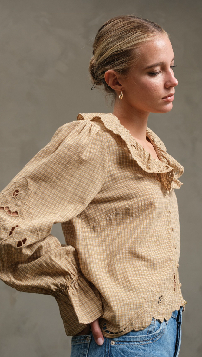 Ruffle Embroidered Check Blouse