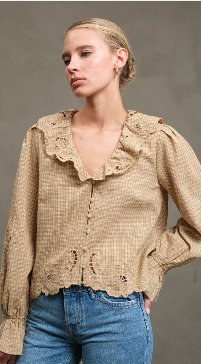 Ruffle Embroidered Check Blouse