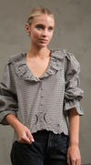 Ruffle Embroidered Check Blouse