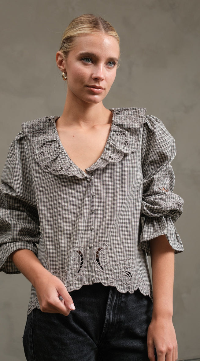 Ruffle Embroidered Check Blouse