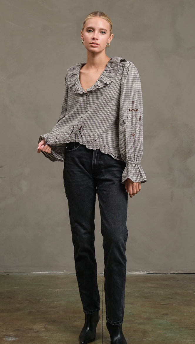 Ruffle Embroidered Check Blouse