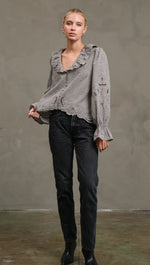 Ruffle Embroidered Check Blouse