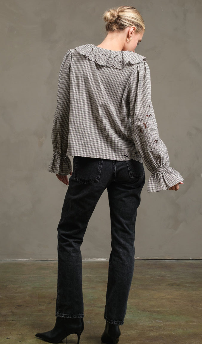 Ruffle Embroidered Check Blouse