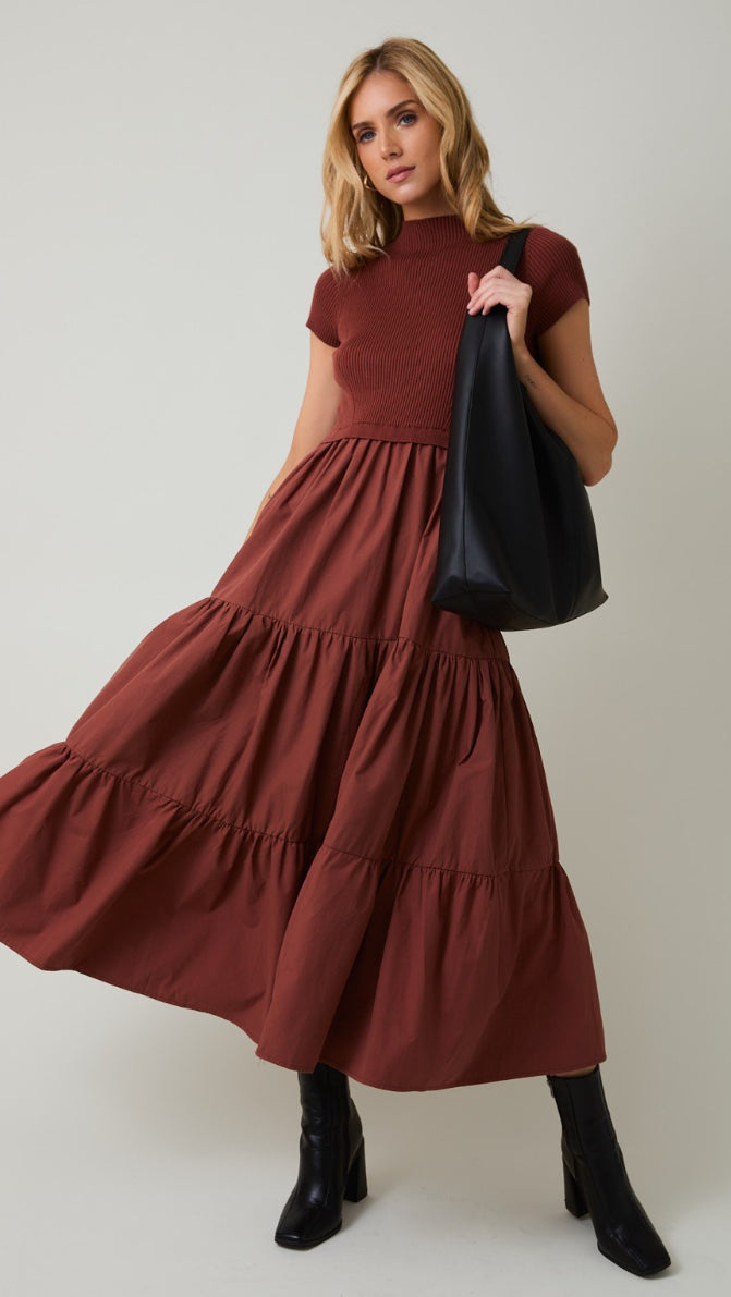 Megan Mocked Neck Tiered Midi Dress