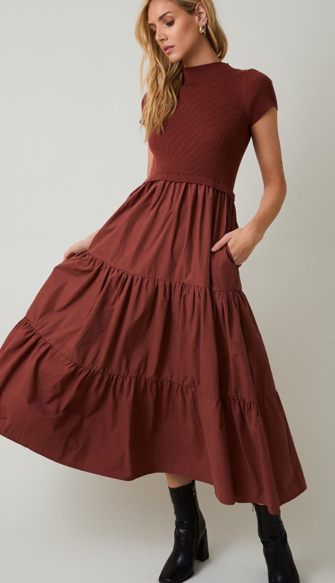 Megan Mocked Neck Tiered Midi Dress