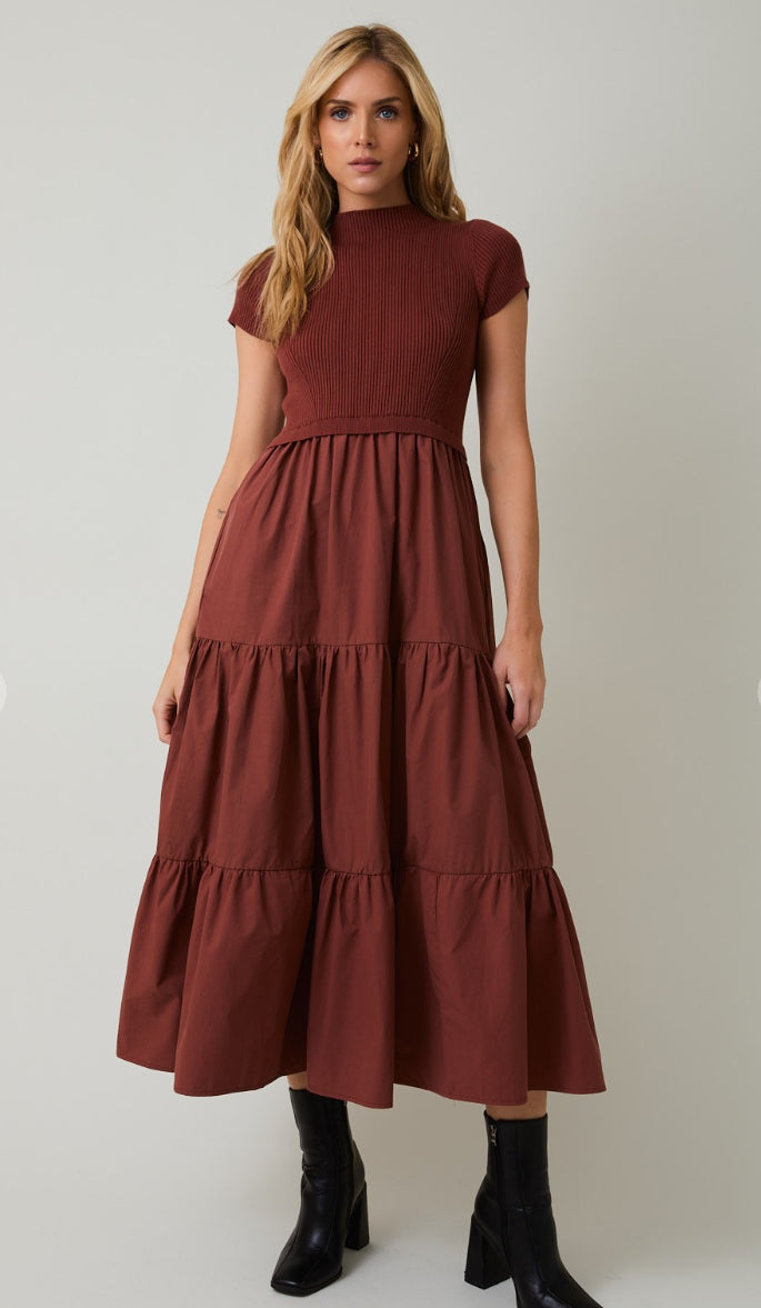 Megan Mocked Neck Tiered Midi Dress