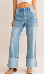 High Waisted Wide Leg Cuffed Jeans