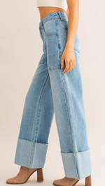 High Waisted Wide Leg Cuffed Jeans