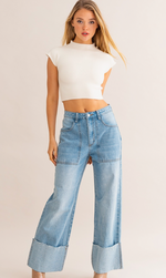 High Waisted Wide Leg Cuffed Jeans