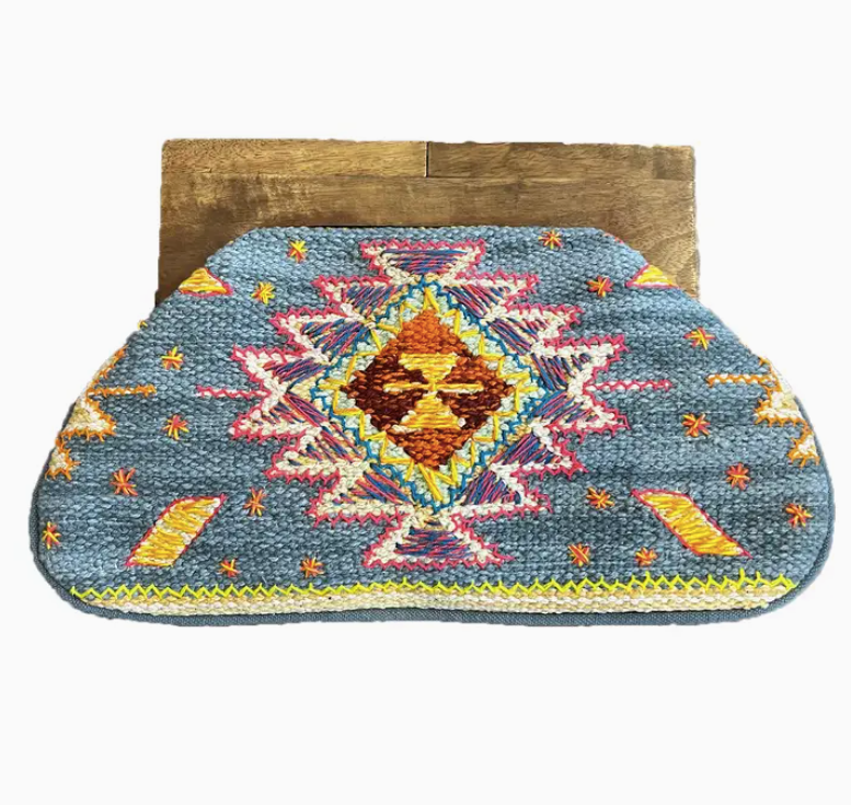 Embroidered Tapestry Clutch with Wooden Handle