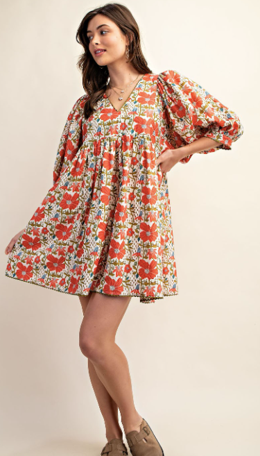 Floral Print Mini Dress With Puff Sleeve