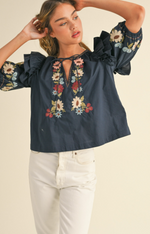 Embroidered Ruffle Shoulder Puff Sleeve Top