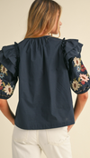 Embroidered Ruffle Shoulder Puff Sleeve Top