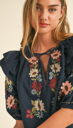 Embroidered Ruffle Shoulder Puff Sleeve Top