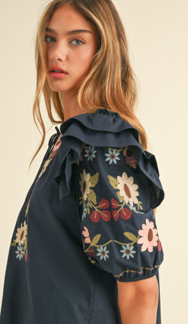 Embroidered Ruffle Shoulder Puff Sleeve Top