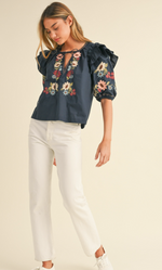 Embroidered Ruffle Shoulder Puff Sleeve Top