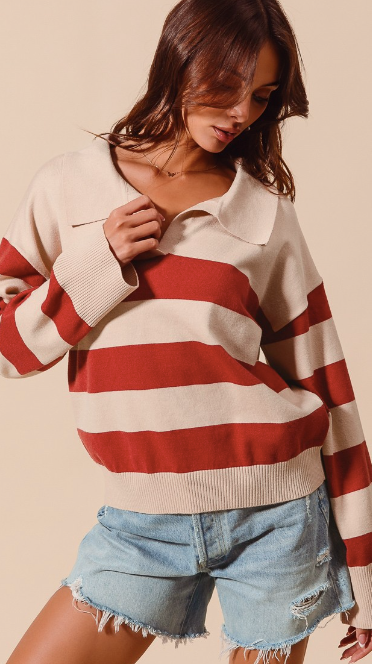 Wide Stripe Polo Sweater