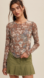 Floral Print Mesh Long Sleeve