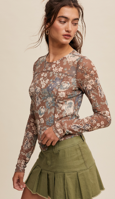 Floral Print Mesh Long Sleeve