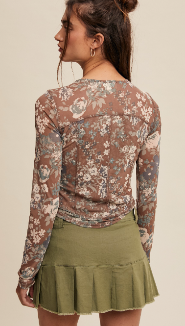 Floral Print Mesh Long Sleeve