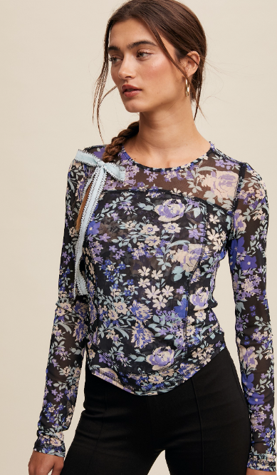 Floral Print Mesh Long Sleeve