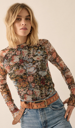 Floral Mesh Mock Neck Top