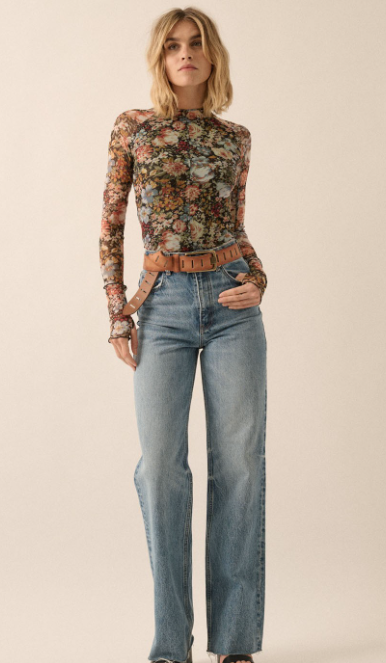 Floral Mesh Mock Neck Top