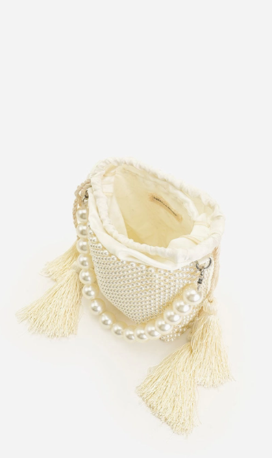 Pearl White Beaded Top Handle Bag