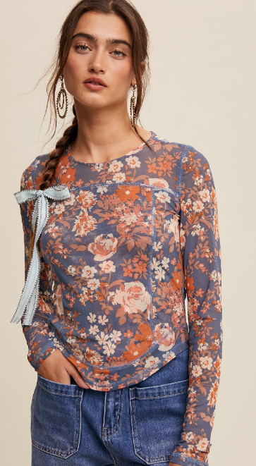 Floral Print Mesh Long Sleeve