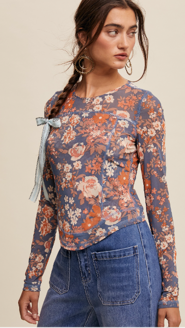 Floral Print Mesh Long Sleeve